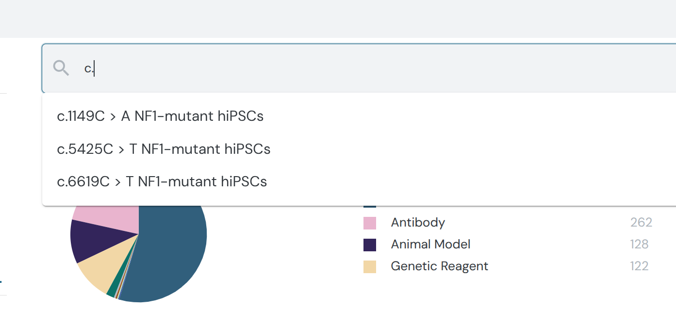 Portal search box autosuggest dropdown showing three NF1 mutation variant matches for the partial query "c."