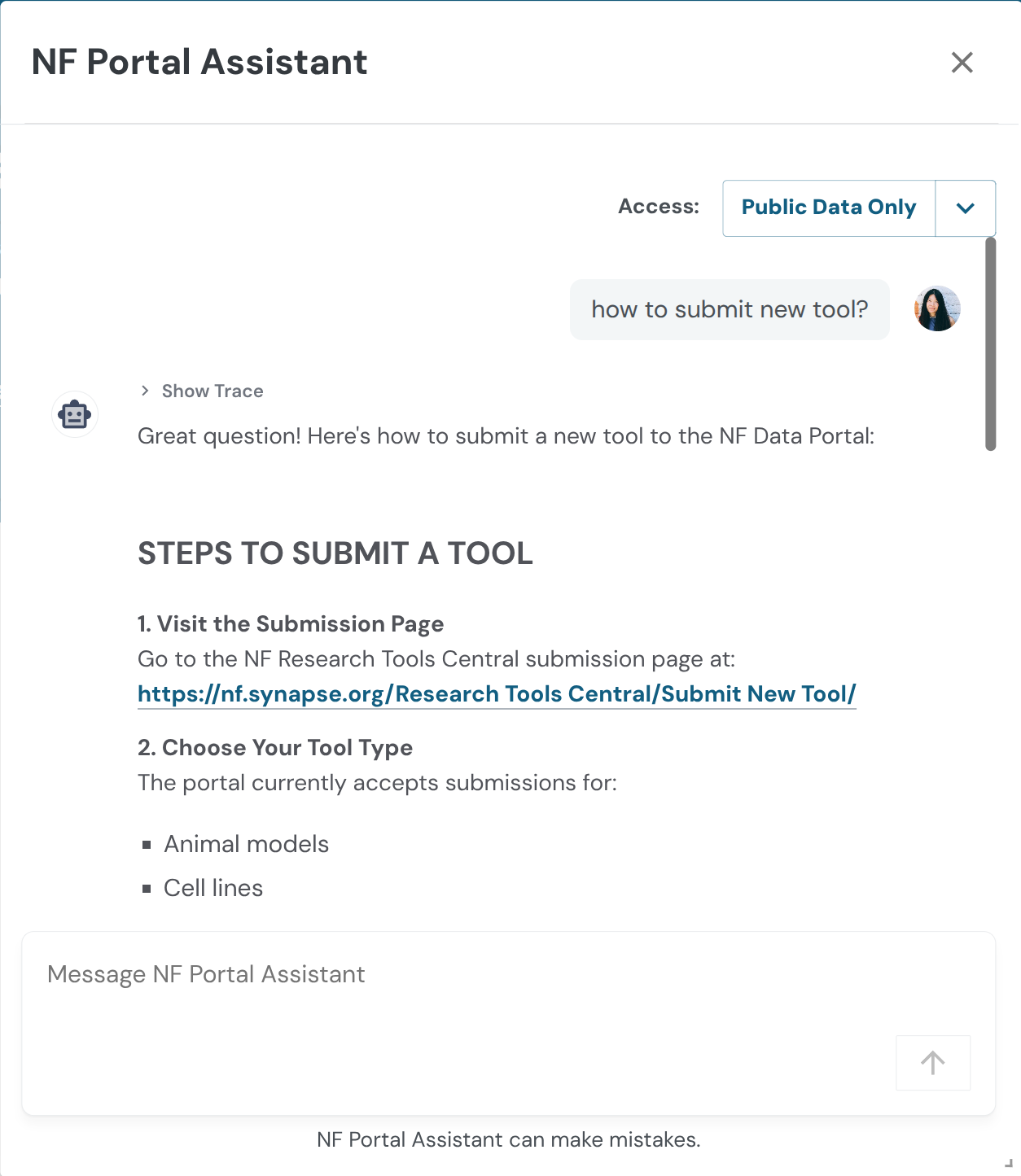 NF Portal Assistant chat answering "how to submit new tool?" with step-by-step instructions linking to the Research Tools Central submission page